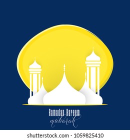 nice and beautiful abstract, banner or poster for Ramadan Kareem Mubarak or Eid Mubarak with nice and creative white colored mosque design illustration in a dark blue background.