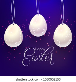 nice and beautiful abstract for Happy Easter with nice and creative white eggs hanging in a sparkling blue background.