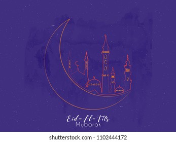 nice and beautiful abstract or poster for Eid Al Fitr Mubarak with nice and creative mosque design illustration in a purple background.