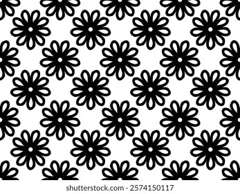 Nice, beautiful, black and white chamomile flowers. Spring and summer garden. Snowflakes like flowers, outlines, doodle ornament. Stylish seamless vector pattern for design and decoration. 