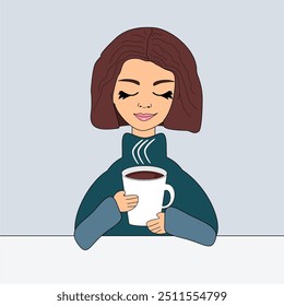 Nice beautiful girl with a cup of coffee vector illustration art cartoon lovely person
