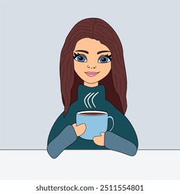 Nice beautiful girl with a cup of coffee vector illustration art cartoon lovely person