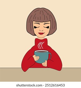 Nice beautiful girl with a cup of coffee vector illustration art cartoon lovely person