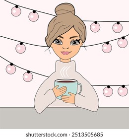 Nice beautiful girl with a cup of coffee vector illustration art cartoon lovely person