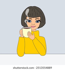 Nice beautiful girl with a cup of coffee vector illustration art cartoon lovely person