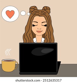 Nice beautiful girl thinking about love at work in the office vector illustration 