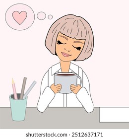 Nice beautiful girl thinking about love at work in the office vector illustration 