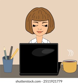 Nice beautiful girl woman at the computer with a cup of coffee illustration vector cartoon character working laptop