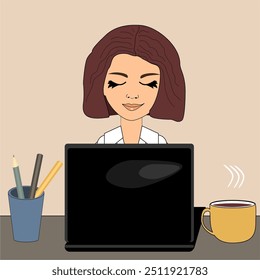 Nice beautiful girl woman at the computer with a cup of coffee illustration vector cartoon character working laptop