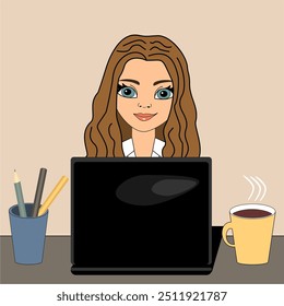 Nice beautiful girl woman at the computer with a cup of coffee illustration vector cartoon character working laptop