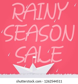 Nice and beautiful rainy Season. Abstract banner or poster for Monsoon Huge Offer or sale with creative design illustration. Red background. Ship, raining drops, grass in paper cut art style.