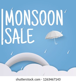 Nice and beautiful rainy Season. Abstract banner or poster for Monsoon Huge Offer or sale with creative design illustration. Blue background. cloud, rainbow, rainfall, umbrella in paper cut art style