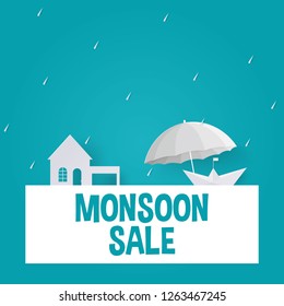 Nice and beautiful rainy Season. Abstract banner or poster for Monsoon Huge Offer or sale with creative design illustration. Blue background. house, ship, raining drop, umbrella in paper cut art style