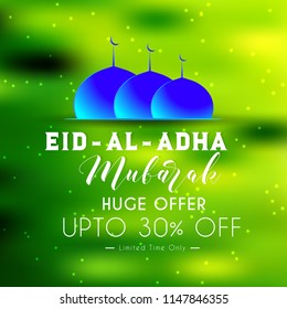 nice and beautiful sale abstract or poster for Eid Al Adha Mubarak Huge Offer upto 30% Off with nice and creative design illustration.