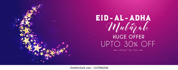 nice and beautiful sale header or poster for Eid Al Adha Mubarak Huge Offer upto 30% Off with nice and creative design illustration.