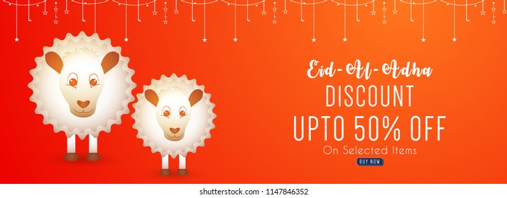 nice and beautiful sale header or poster for Eid Al Adha Mubarak Discount upto 50% with nice and creative design illustration.