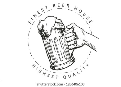 Nice beer house or pub logo design vector featuring a hand holding full beer mug in dash dot circle with "Finest beer house" caption above and "Highest quality" below