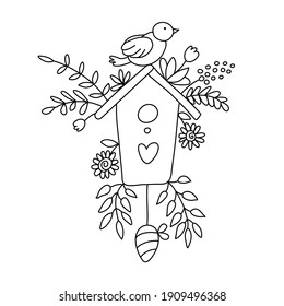 Nice birdhouse decorated with spring branches, flowers and a bird on it in doodle style. Isolated outline. Hand drawn vector illustration on white.  Great for Easter greeting cards, coloring books.
