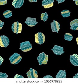 Nice birthday background on black, blue, white, neutral and yellow. Vector illustration. Wrapping paper. Seamless pattern with cakes.