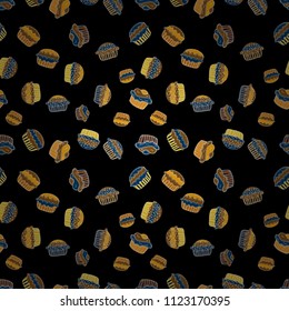 Nice birthday background on black, brown and yellow. Wrapping paper. Seamless pattern with cakes. Vector illustration.