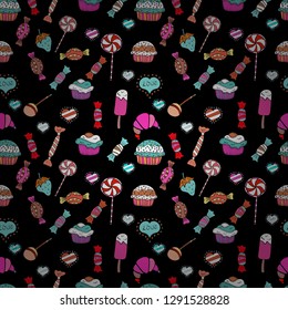 Nice birthday background on black, white and pink. Vector illustration. Sweets background design. Seamless pattern with sweet Cupcakes pattern.