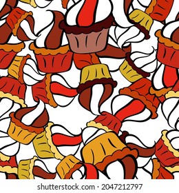Nice birthday background on black, white and red. Seamless with hand drawn doodle desserts: cupcakes, cake, pie, muffins. Vector illustration.
