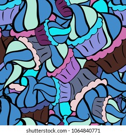 Nice birthday background on blue, black, neutral, brown and pink. Vector illustration. Seamless with hand drawn doodle desserts: cupcakes, cake, pie, muffins.