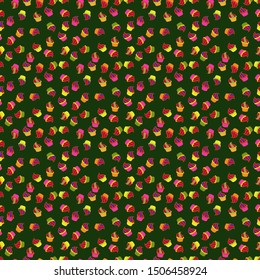 Nice birthday background on green, red and orange. Seamless pattern with cakes. Vector illustration. Wrapping paper.