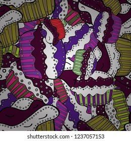 Nice birthday background on purple, white and black. Vector illustration. Seamless with hand drawn doodle desserts: cupcakes, cake, pie, muffins.