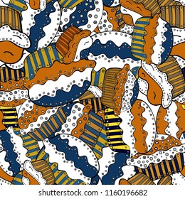 Nice birthday background on white, black and blue. Wrapping paper. Seamless pattern with cakes. Vector illustration.