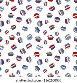Nice birthday background on white, gray and blue. Sweets background design. Seamless pattern with sweet Cupcakes pattern. Vector illustration.