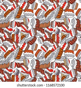 Nice birthday background on white, neutral and orange. Vector illustration. Seamless with hand drawn doodle desserts: cupcakes, cake, pie, muffins.