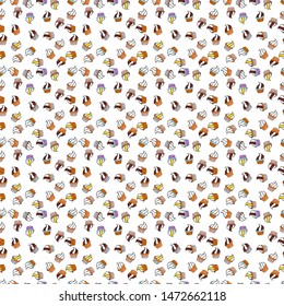 Nice birthday background on white, black and orange. Vector illustration. Wrapping paper. Seamless pattern with cakes.