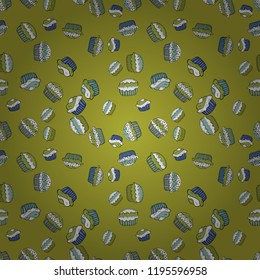 Nice birthday background on yellow, white and green. Vector illustration. Seamless with hand drawn doodle desserts: cupcakes, cake, pie, muffins.