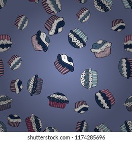 Nice birthday pattern on blue, white and black. Cupcake pattern. Seamless of hand drawn vintage cute cupcakes and muffins. Vector illustration.