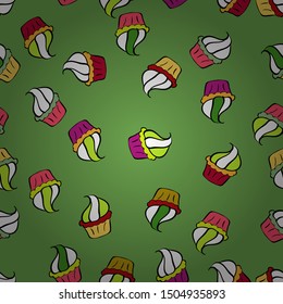 Nice birthday pattern on green, white and black. Cupcake pattern. Vector illustration. Seamless of hand drawn vintage cute cupcakes and muffins.