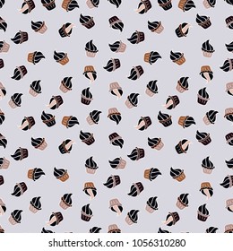 Nice birthday pattern on neutral, black, white, brown and gray. Seamless of hand drawn vintage cute cupcakes and muffins. Cupcake pattern. Vector illustration.