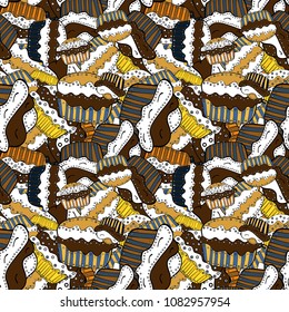 Nice birthday pattern on white, brown, black, yellow and blue. For food poster design. Cake muffin cute seamless pattern. Vector.