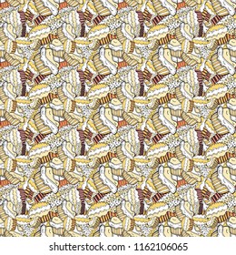 Nice birthday pattern on white, beige and yellow. Cake muffin cute seamless pattern. Vector. For food poster design.