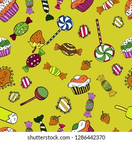 Nice birthday pattern on white, black and yellow. Cake muffin cute seamless pattern. For food poster design. Vector.