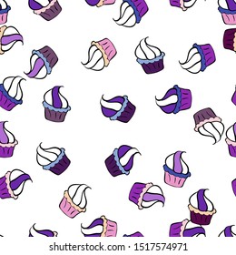 Nice birthday pattern on white, purple and black. Cupcake pattern. Seamless of hand drawn vintage cute cupcakes and muffins. Vector illustration.
