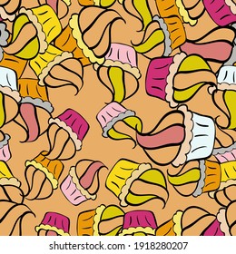 Nice birthday pattern on yellow, black and beige. Seamless of hand drawn vintage cute cupcakes and muffins. Cupcake pattern. Vector illustration.