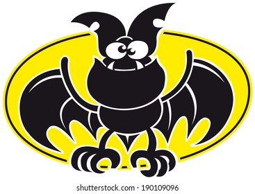 Nice black bat with crossed eyes, big pointy ears, and sharp fangs while staring at you, smiling, opening its wings and posing with a yellow oval behind it
