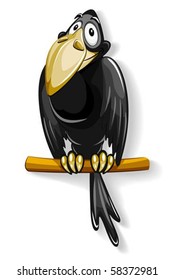 nice black crow sitting on pole vector illustration, isolated on white background