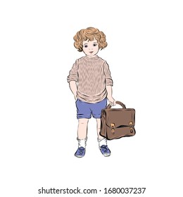 Nice blond boy in sweater and shorts holds schoolbag isolated on white background. 