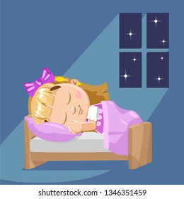 Nice blond girl sleeping under pink blanket in bed and having dreams in her room. Light of stars falling through window at night. Bedtime of little lady. Cartoon stock vector illustration.