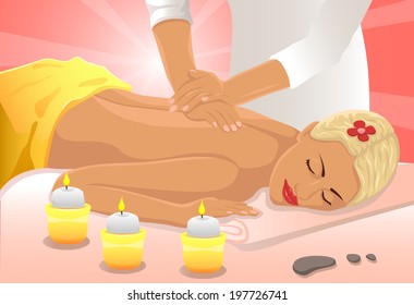 Nice blonde girl getting relaxing massage treatment. Vector illustration