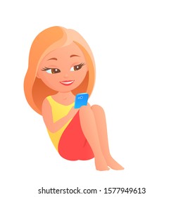 Nice blonde girl is sitting with a smartphone in her hand. Communicates in social networks or makes online purchases. Happy smile. Cartoon vector isolated illustration.