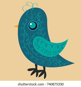Nice blue bird with a pattern on the body, a yellow beak and a blue eye, a side view