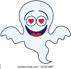 Nice blue ghost in minimalist style, with big head, bulging eyes and red hearts in his eyes, while floating, having fun, laughing and feeling madly in love